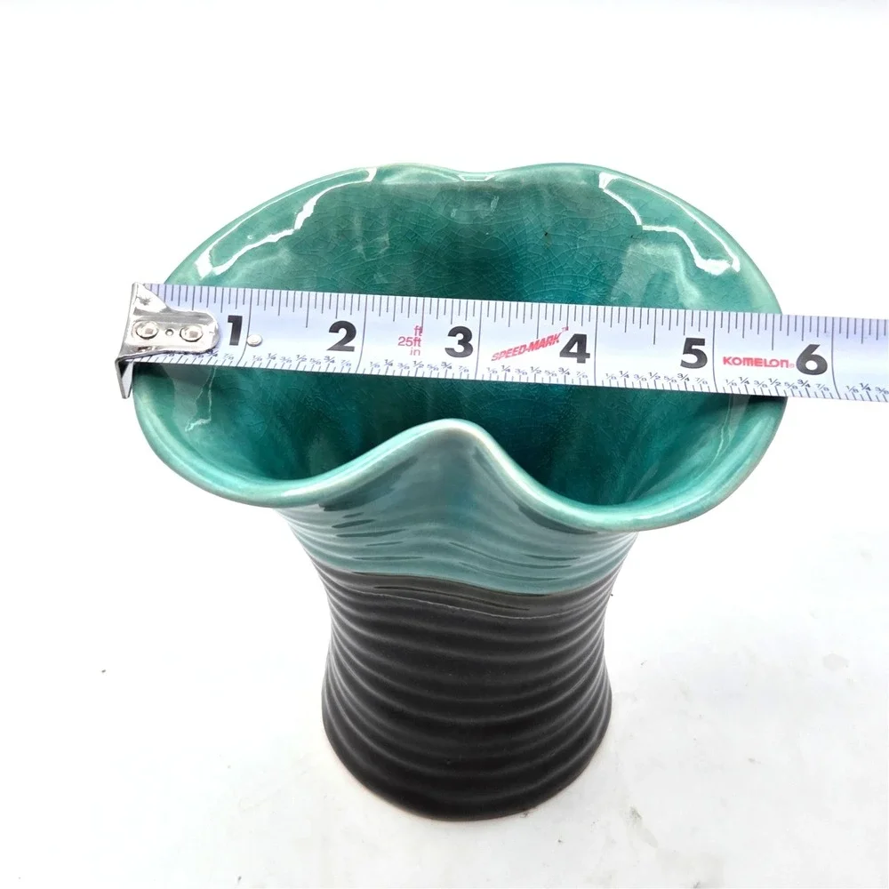 Vintage MCM‎ Pottery Aqua & Brown Stoneware Vase 6